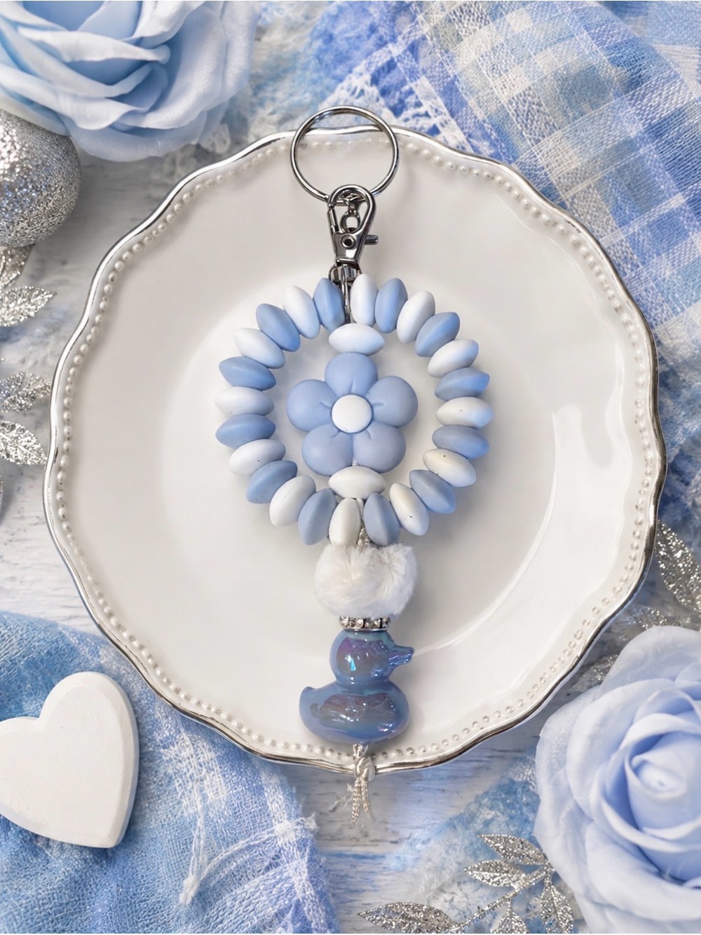 Hand Crafted Blue & White Flower Bead Keychain with Iridescent Duck